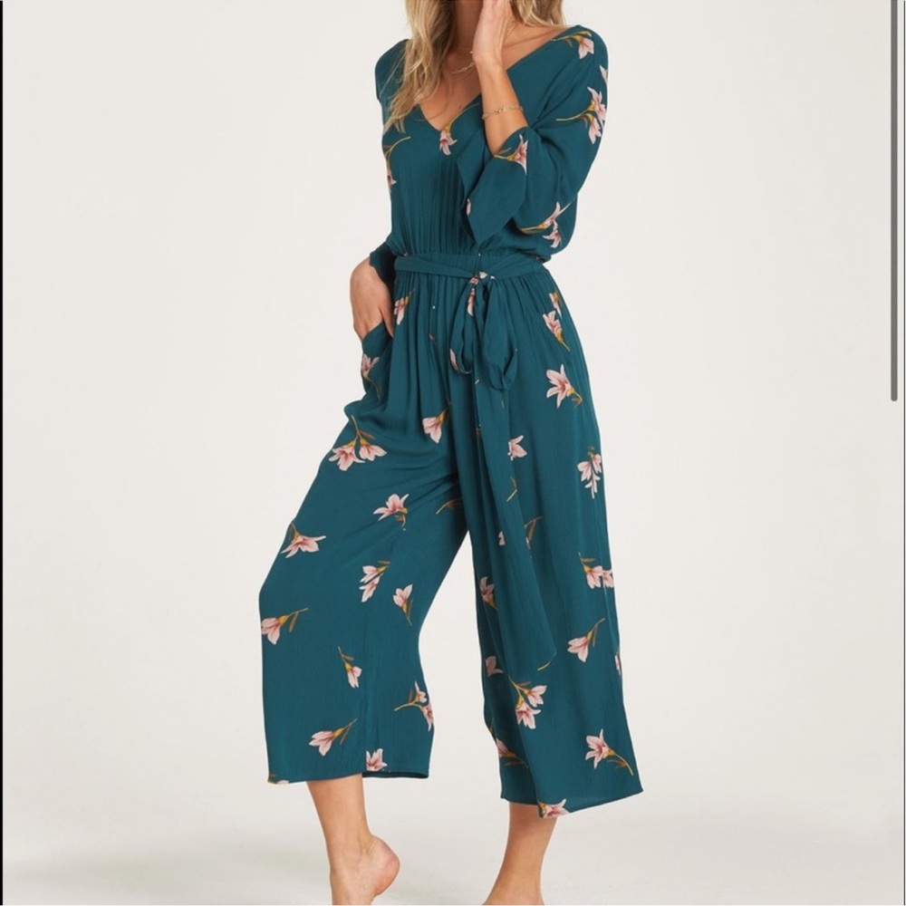 Billabong Floral Green Twist Back Jumpsuit Size Small - Picture 3 of 14
